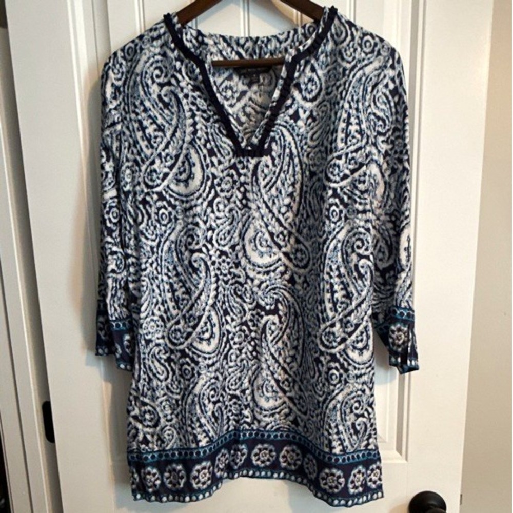 Brooks Brothers 346 Women's Blue White Paisley V-Neck 3/4 Tunic Blouse M